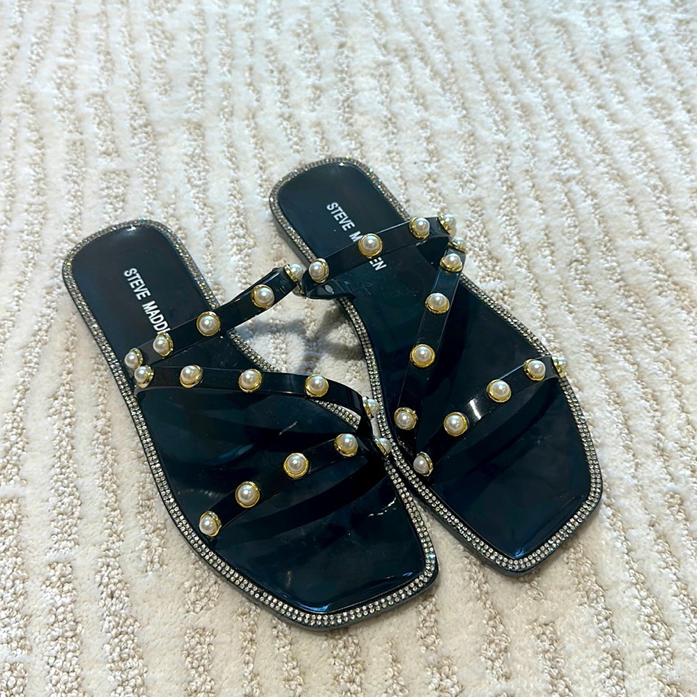 Steve Madden Nonii Black Sandals with Pearls and Rhinestones